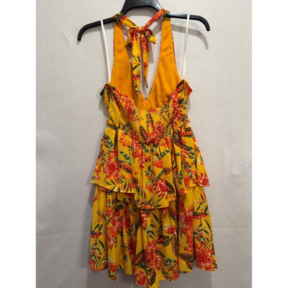 BCX Womens Yellow Tropical Floral Halter Mini Dress Tiered Ruffle Smocked XS NEW - Picture 4 of 9